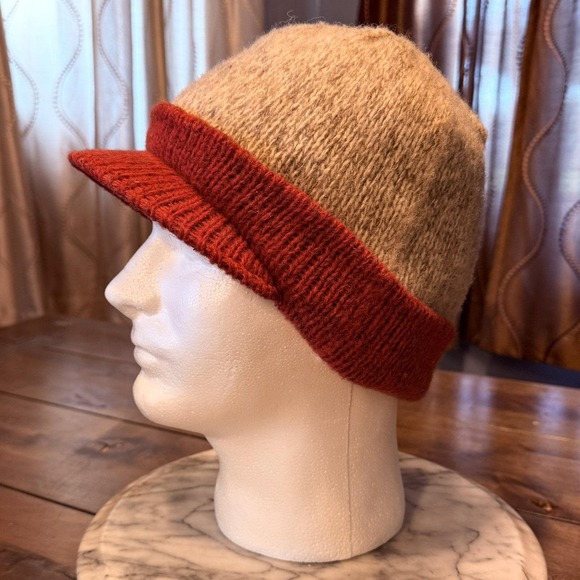 Vintage EDDIE BAUER Winter Rust Beige Ivory Wool Knit Cap Hat Baseball Bill - Picture 3 of 6